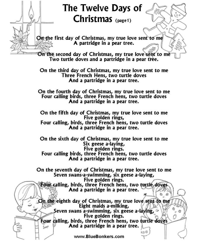 Bible Printables - Christmas Songs and Christmas Carol Lyrics - THE 12 DAYS OF CHRISTMAS (page 1)